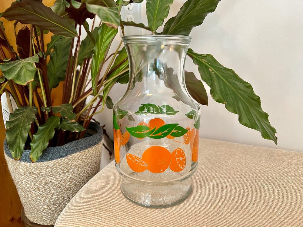 Vintage Anchor Hocking Orange Juice Carafe Glass Pitcher Orange Fruit Design